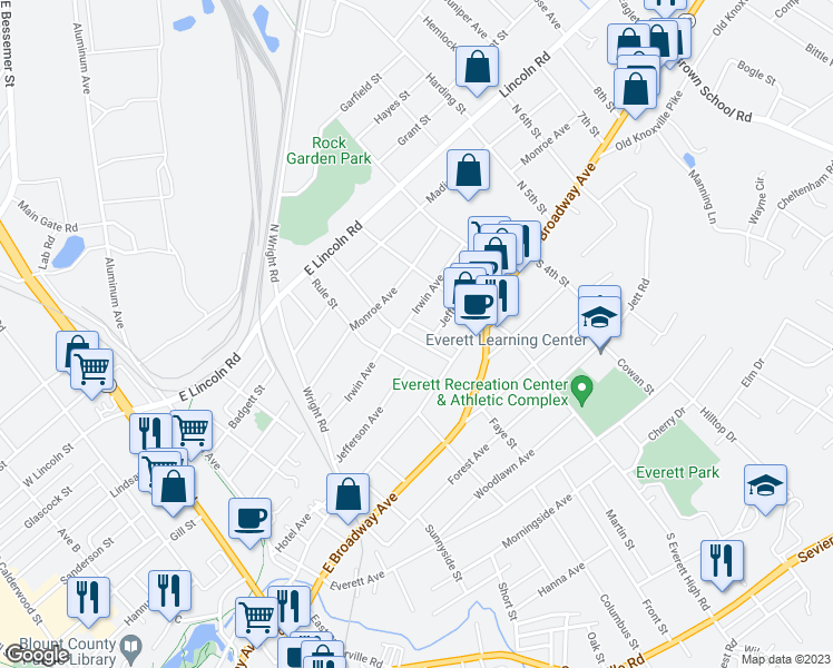 map of restaurants, bars, coffee shops, grocery stores, and more near 306 McGinley Street in Maryville
