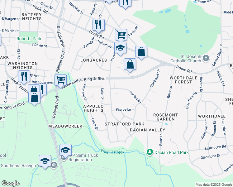 map of restaurants, bars, coffee shops, grocery stores, and more near 609 Peyton Street in Raleigh