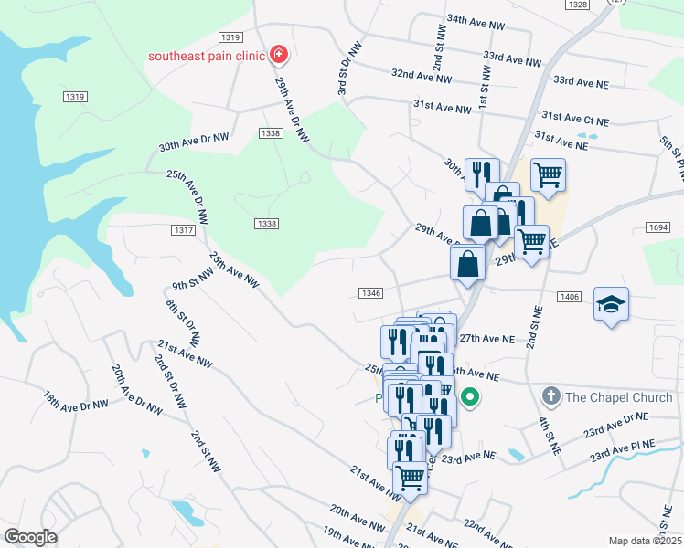 map of restaurants, bars, coffee shops, grocery stores, and more near 2823 2nd Street Place Northwest in Hickory