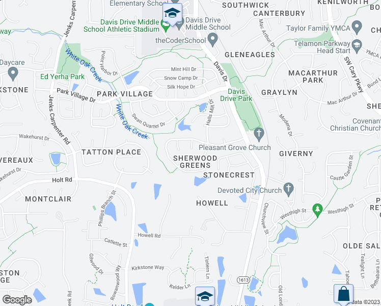 map of restaurants, bars, coffee shops, grocery stores, and more near 108 Blue Boar Court in Cary