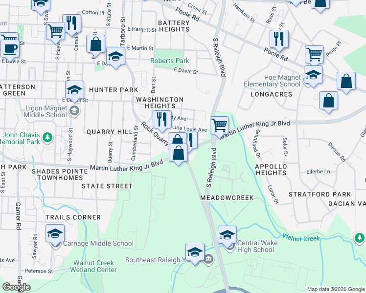 map of restaurants, bars, coffee shops, grocery stores, and more near 725 Sherrybrook Drive in Raleigh
