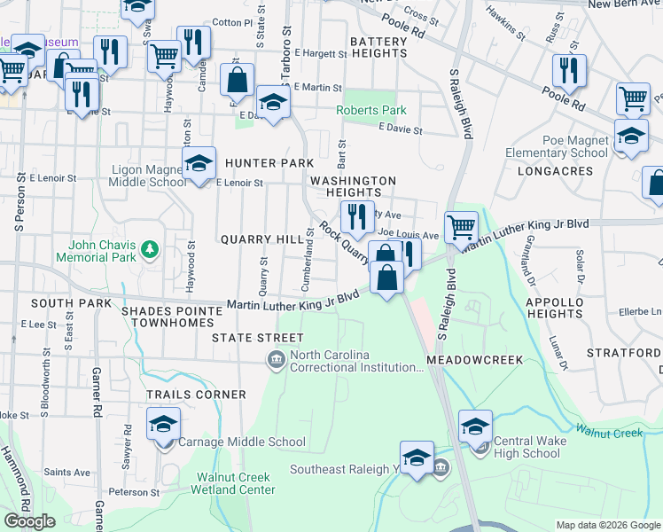 map of restaurants, bars, coffee shops, grocery stores, and more near 801 Vardaman Street in Raleigh
