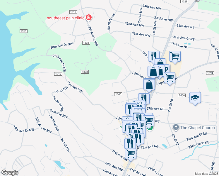 map of restaurants, bars, coffee shops, grocery stores, and more near 2823 2nd Street Place Northwest in Hickory