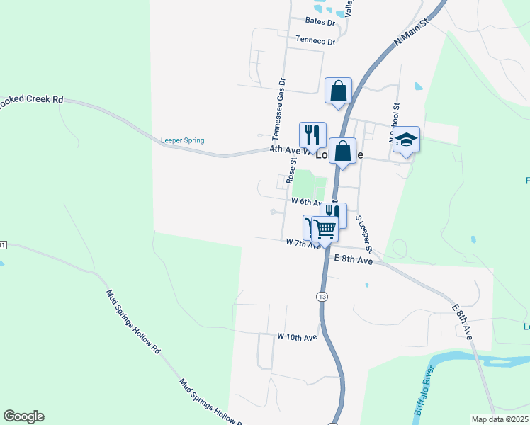 map of restaurants, bars, coffee shops, grocery stores, and more near 216 Rose Street in Lobelville