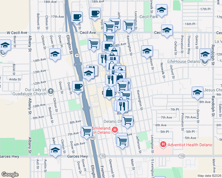 map of restaurants, bars, coffee shops, grocery stores, and more near 1020 High Street in Delano