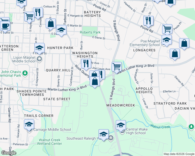 map of restaurants, bars, coffee shops, grocery stores, and more near 725 Sherrybrook Drive in Raleigh