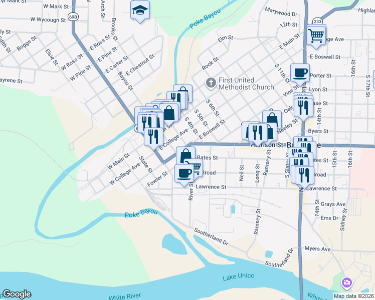 map of restaurants, bars, coffee shops, grocery stores, and more near 301-349 Broad Street in Batesville