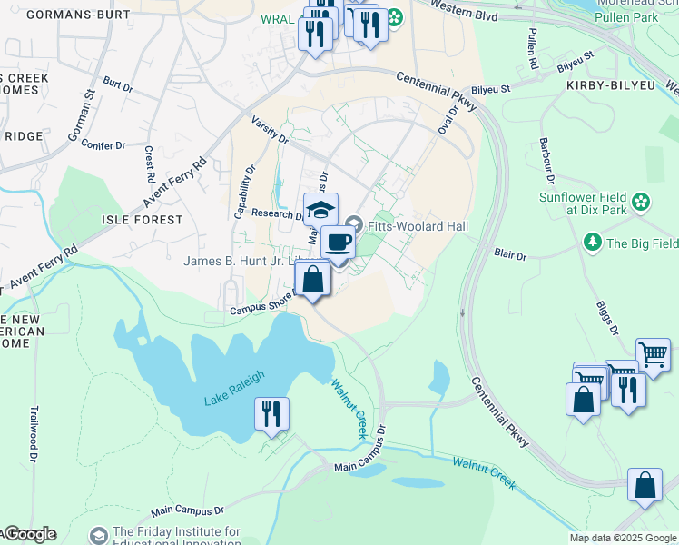 map of restaurants, bars, coffee shops, grocery stores, and more near 1070 Partners Way in Raleigh