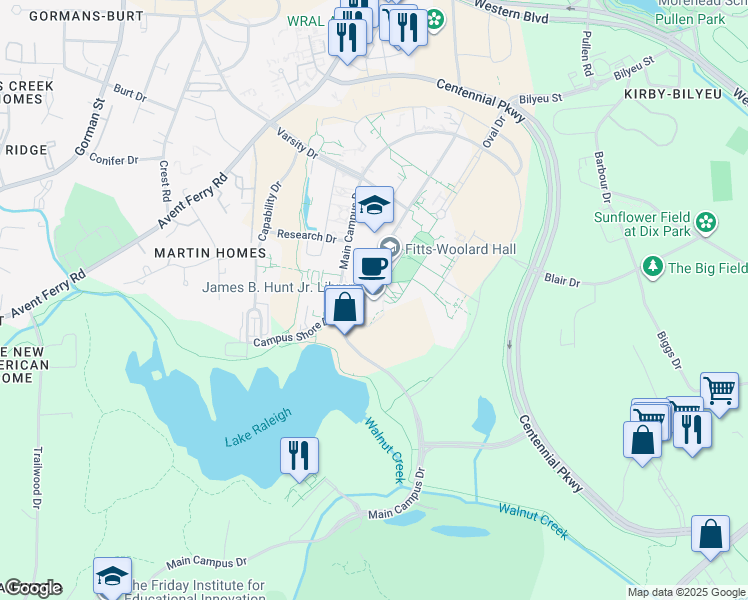 map of restaurants, bars, coffee shops, grocery stores, and more near 1070 Partners Way in Raleigh