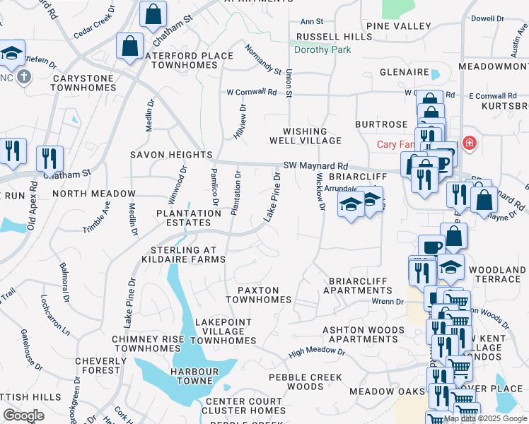map of restaurants, bars, coffee shops, grocery stores, and more near 101 Arbuckle Lane in Cary