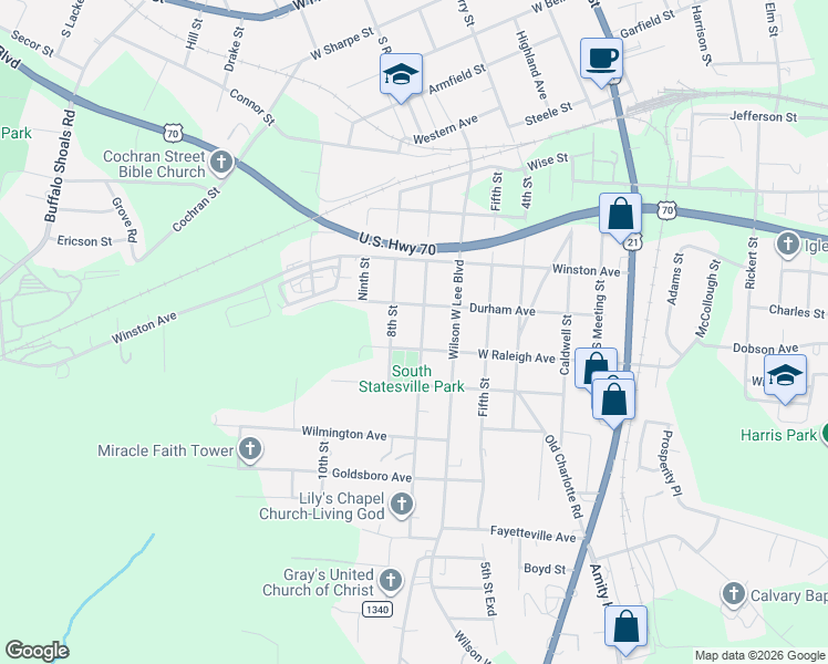 map of restaurants, bars, coffee shops, grocery stores, and more near 718 West Raleigh Avenue in Statesville