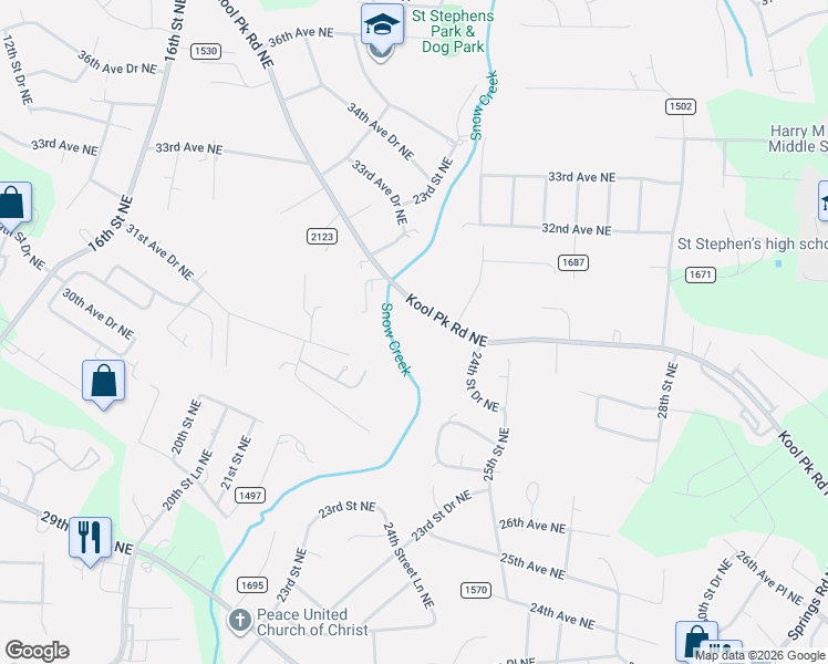 map of restaurants, bars, coffee shops, grocery stores, and more near 2407 Kool Park Road Northeast in Hickory