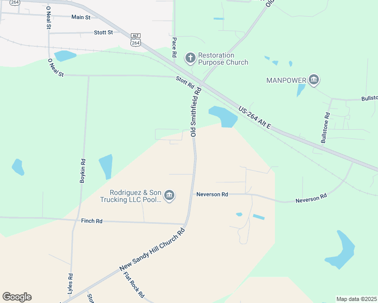 map of restaurants, bars, coffee shops, grocery stores, and more near 15554 Old Smithfield Road in Sims