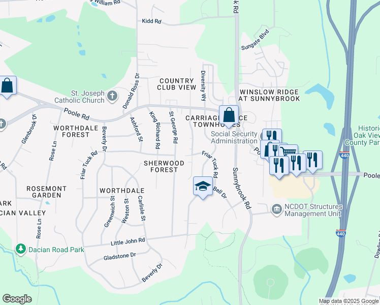 map of restaurants, bars, coffee shops, grocery stores, and more near 3112 Kingstree Court in Raleigh