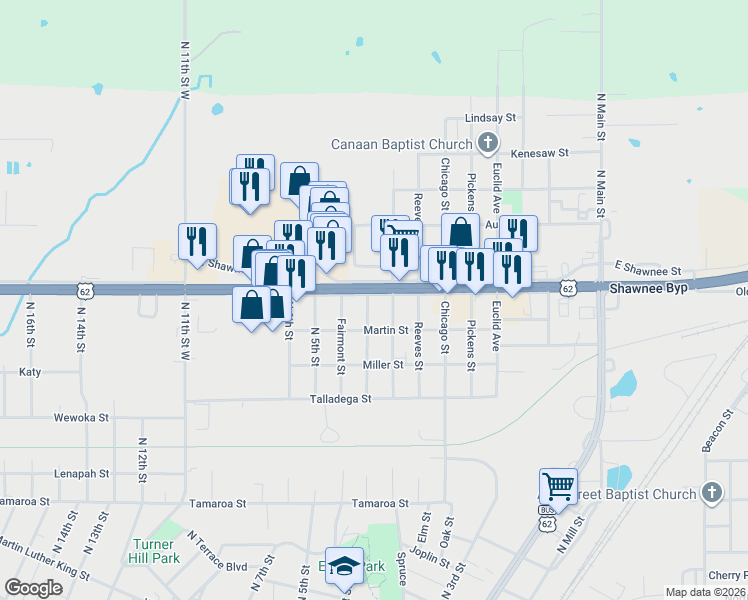 map of restaurants, bars, coffee shops, grocery stores, and more near 1807 Carroll Street in Muskogee
