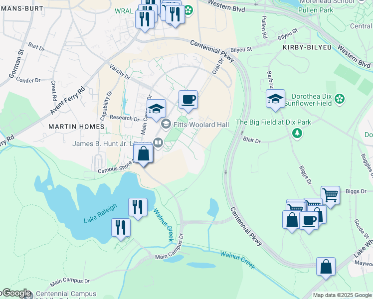 map of restaurants, bars, coffee shops, grocery stores, and more near 830 Main Campus Drive in Raleigh