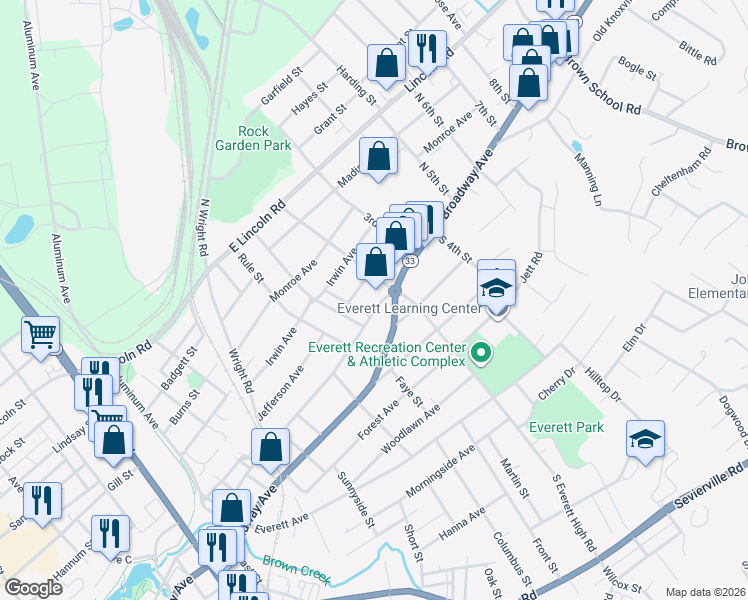 map of restaurants, bars, coffee shops, grocery stores, and more near 1422 East Harper Avenue in Maryville