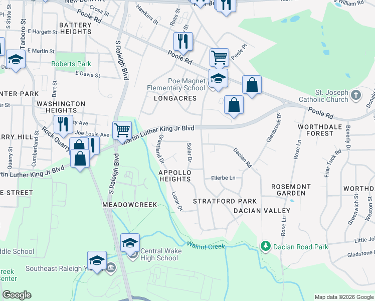 map of restaurants, bars, coffee shops, grocery stores, and more near 1820 Sunview Street in Raleigh