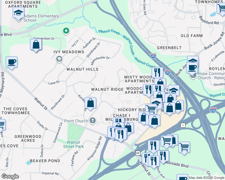 map of restaurants, bars, coffee shops, grocery stores, and more near 107 Stourbridge Circle in Cary