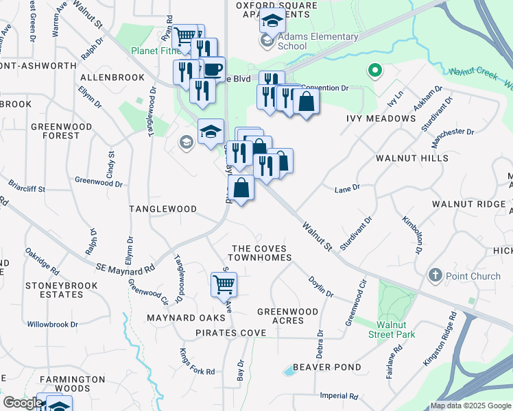 map of restaurants, bars, coffee shops, grocery stores, and more near 730 Southeast Maynard Road in Cary