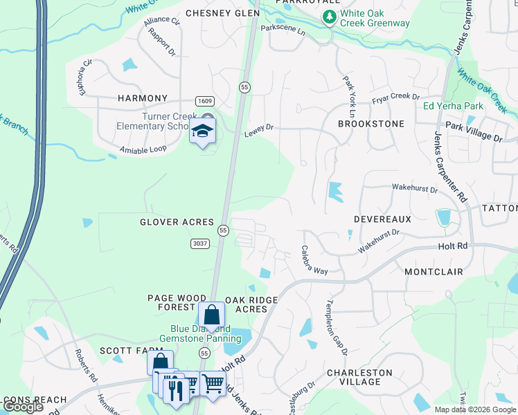 map of restaurants, bars, coffee shops, grocery stores, and more near 6709 Valley Woods Lane in Cary