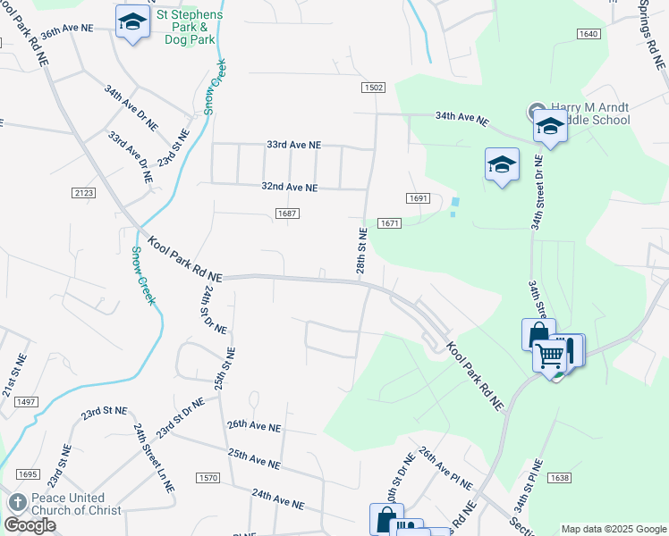 map of restaurants, bars, coffee shops, grocery stores, and more near 2741 Kool Park Road Northeast in Hickory