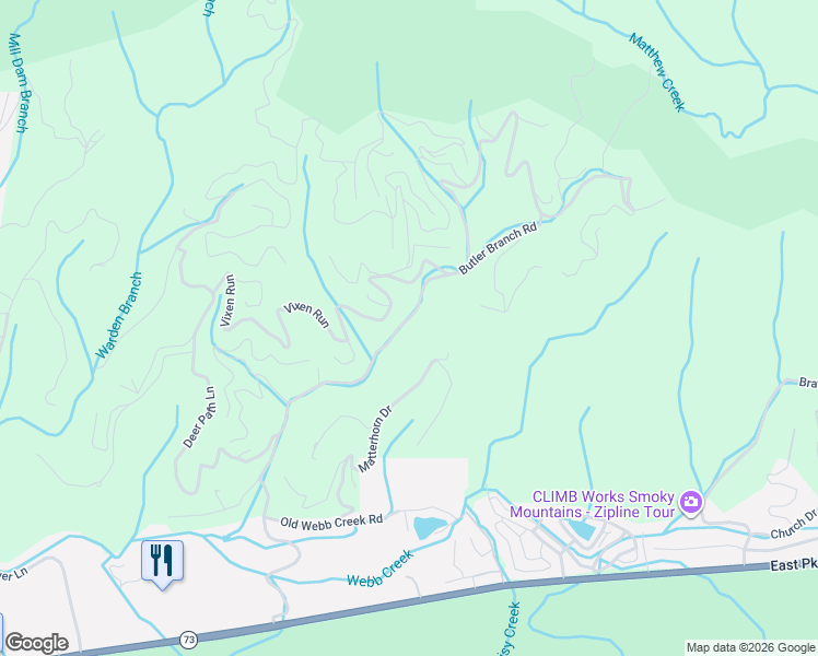 map of restaurants, bars, coffee shops, grocery stores, and more near 439 Matterhorn Drive in Gatlinburg