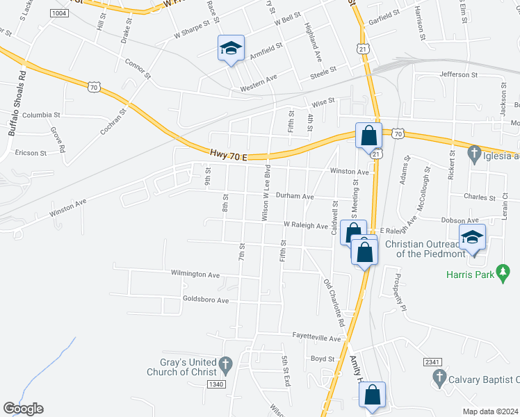 map of restaurants, bars, coffee shops, grocery stores, and more near 1114 Wilson W Lee Boulevard in Statesville