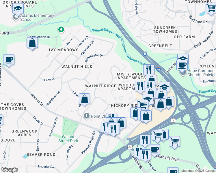 map of restaurants, bars, coffee shops, grocery stores, and more near 208 Whitehall Way in Cary