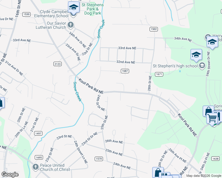 map of restaurants, bars, coffee shops, grocery stores, and more near 2928 25th Street Northeast in Hickory