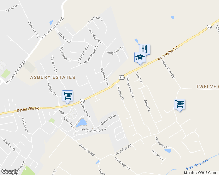map of restaurants, bars, coffee shops, grocery stores, and more near 2745 Sevierville Road in Maryville