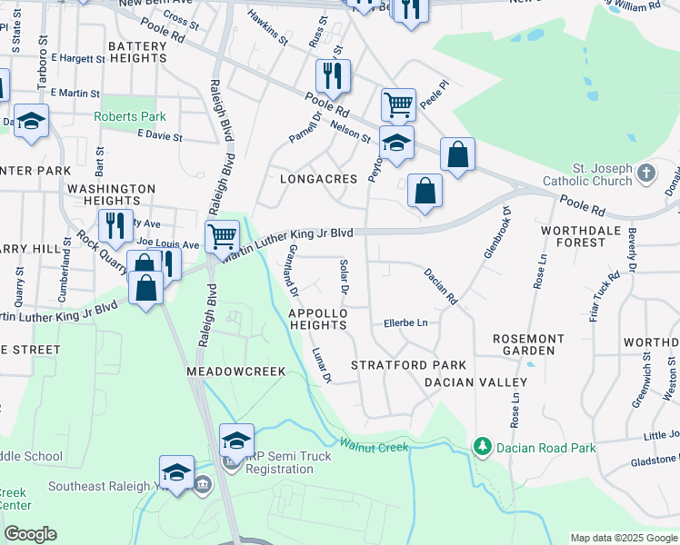 map of restaurants, bars, coffee shops, grocery stores, and more near 1820 Sunview Street in Raleigh