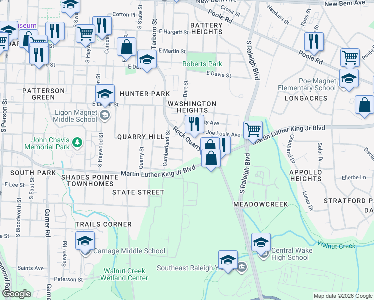 map of restaurants, bars, coffee shops, grocery stores, and more near 801 Vardaman Street in Raleigh