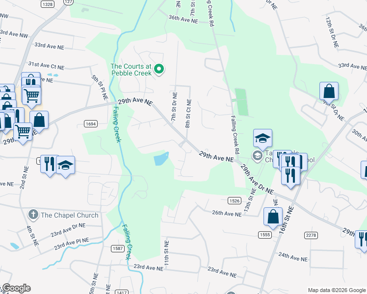 map of restaurants, bars, coffee shops, grocery stores, and more near 823 Wynnshire Drive in Hickory
