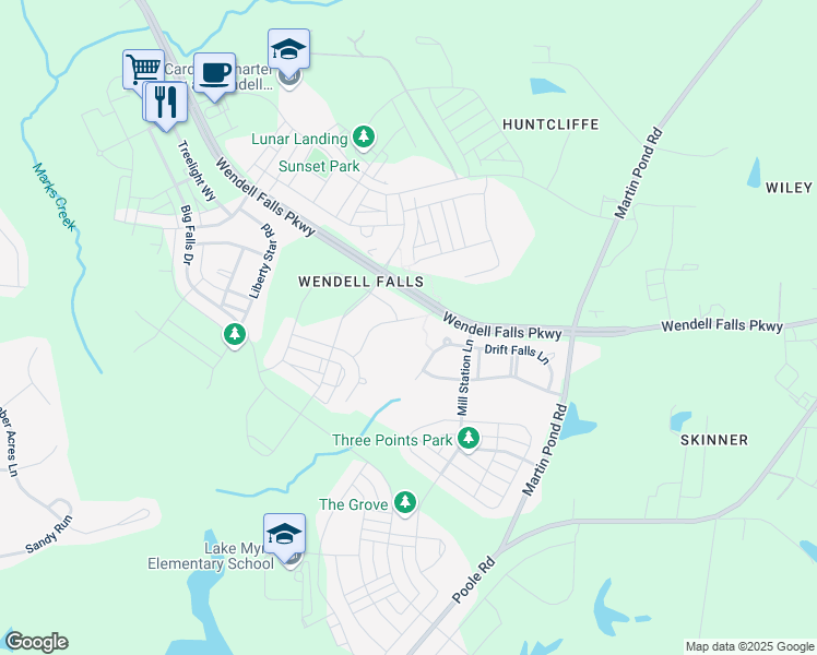 map of restaurants, bars, coffee shops, grocery stores, and more near 1609 Cascade Falls Lane in Wendell