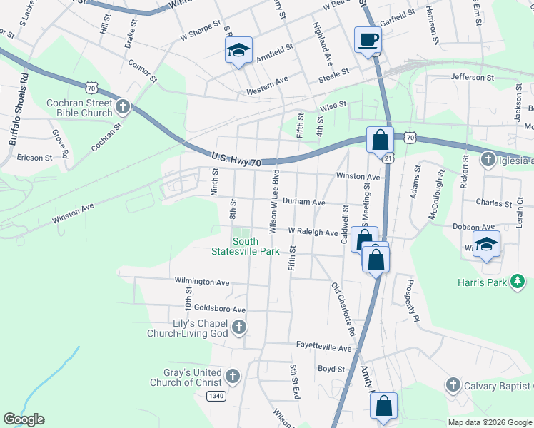 map of restaurants, bars, coffee shops, grocery stores, and more near 1135 7th Street in Statesville