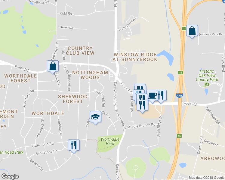 map of restaurants, bars, coffee shops, grocery stores, and more near 616 Sunnybrook Road in Raleigh