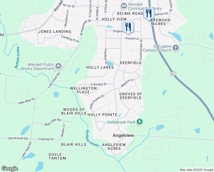 map of restaurants, bars, coffee shops, grocery stores, and more near 88 East Boxley Drive in Wendell