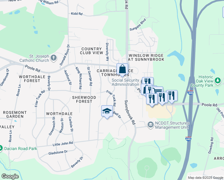 map of restaurants, bars, coffee shops, grocery stores, and more near 614 Cooper Road in Raleigh