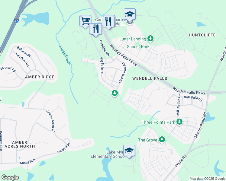 map of restaurants, bars, coffee shops, grocery stores, and more near 1913 Big Falls Drive in Wendell