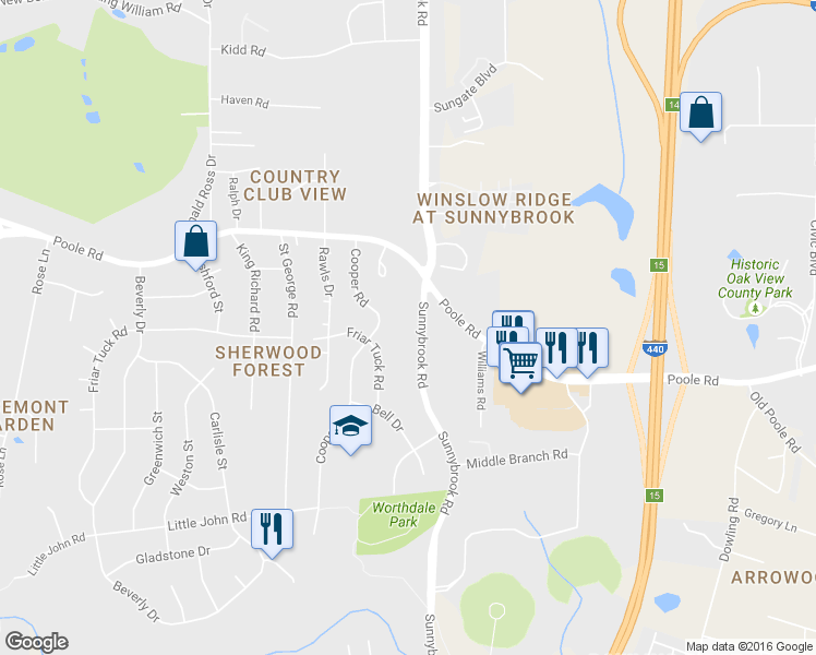 map of restaurants, bars, coffee shops, grocery stores, and more near 643 Sunnybrook Road in Raleigh