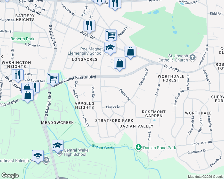 map of restaurants, bars, coffee shops, grocery stores, and more near 609 Peyton Street in Raleigh