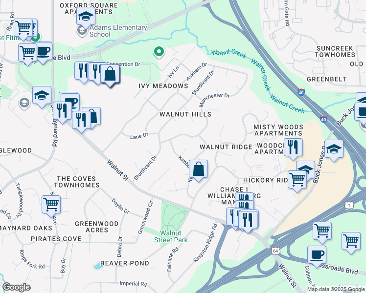 map of restaurants, bars, coffee shops, grocery stores, and more near 1207 Kimbolton Drive in Cary