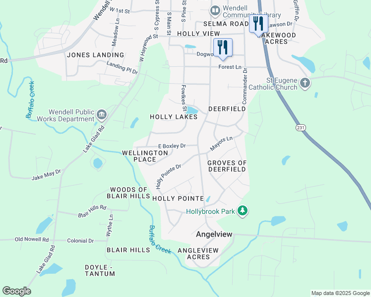 map of restaurants, bars, coffee shops, grocery stores, and more near 88 East Boxley Drive in Wendell