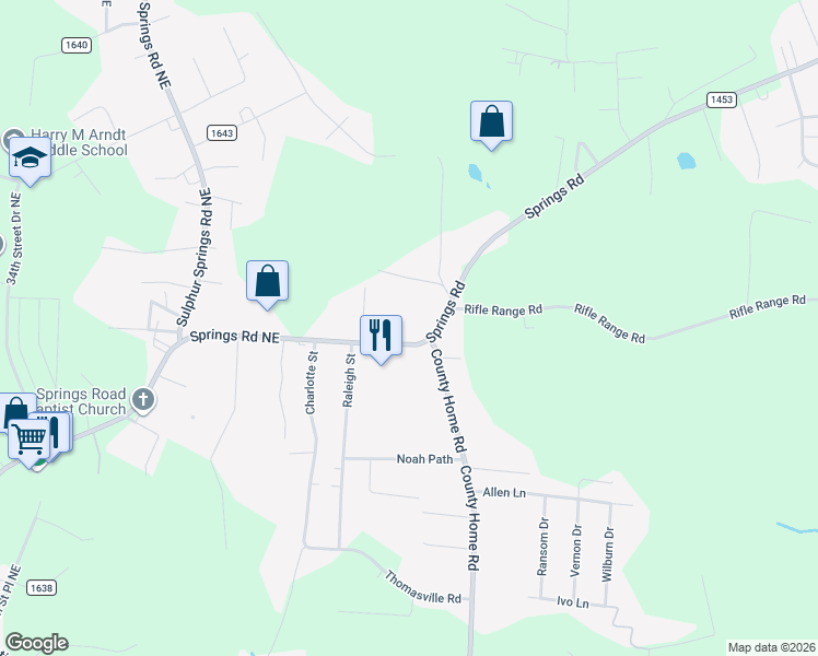 map of restaurants, bars, coffee shops, grocery stores, and more near 4049 Springs Road Northeast in Conover
