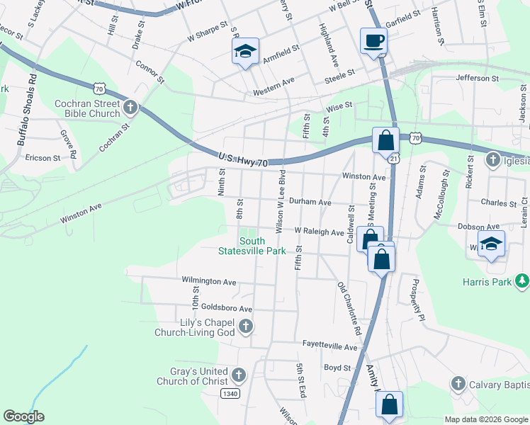 map of restaurants, bars, coffee shops, grocery stores, and more near 1135 7th Street in Statesville