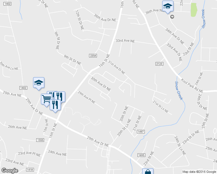 map of restaurants, bars, coffee shops, grocery stores, and more near 1765 30th Avenue Drive Northeast in Hickory