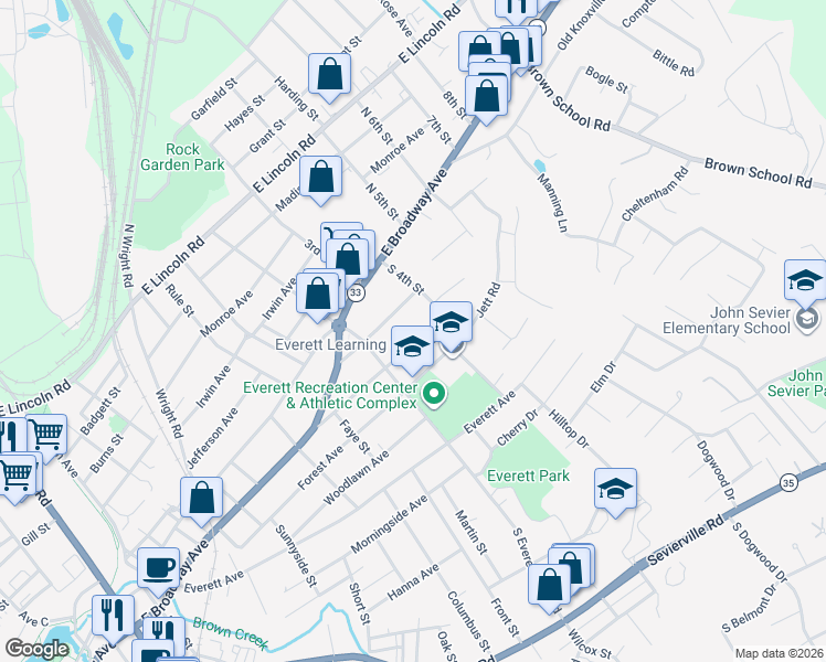 map of restaurants, bars, coffee shops, grocery stores, and more near 1521 Wales Avenue in Maryville