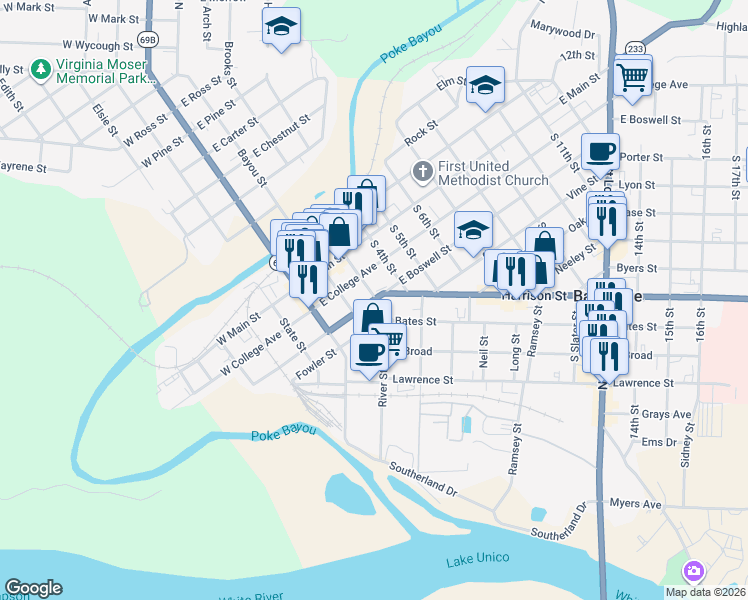 map of restaurants, bars, coffee shops, grocery stores, and more near 292 East Boswell Street in Batesville