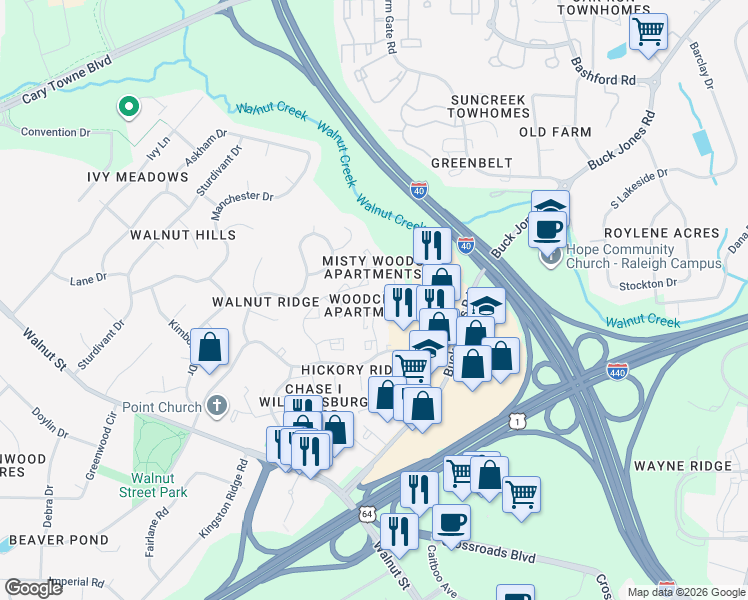 map of restaurants, bars, coffee shops, grocery stores, and more near 100 Woodcreek Drive in Cary